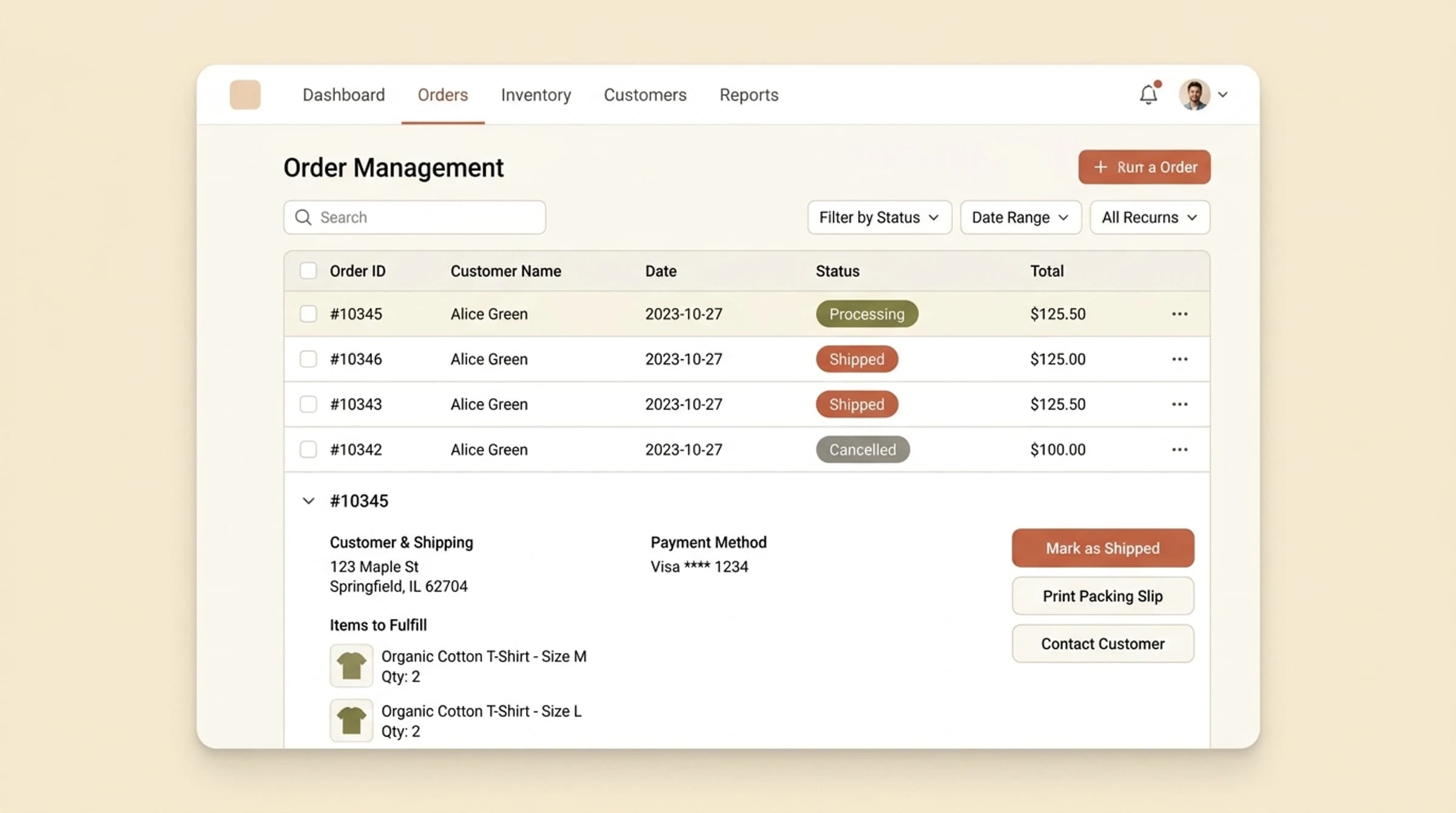 Marketplace order fulfillment dashboard mockup displaying order IDs, customer names, processing statuses, item counts, and shipping details.